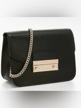 Chic Furla Julia Crossbody Black Saffiano Leather Gold Chain – Dust Bag Included